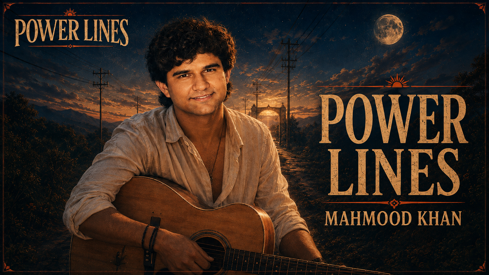 Power Lines album cover featuring Mahmood Khan with a guitar beneath a moonlit, power-line-filled sky.